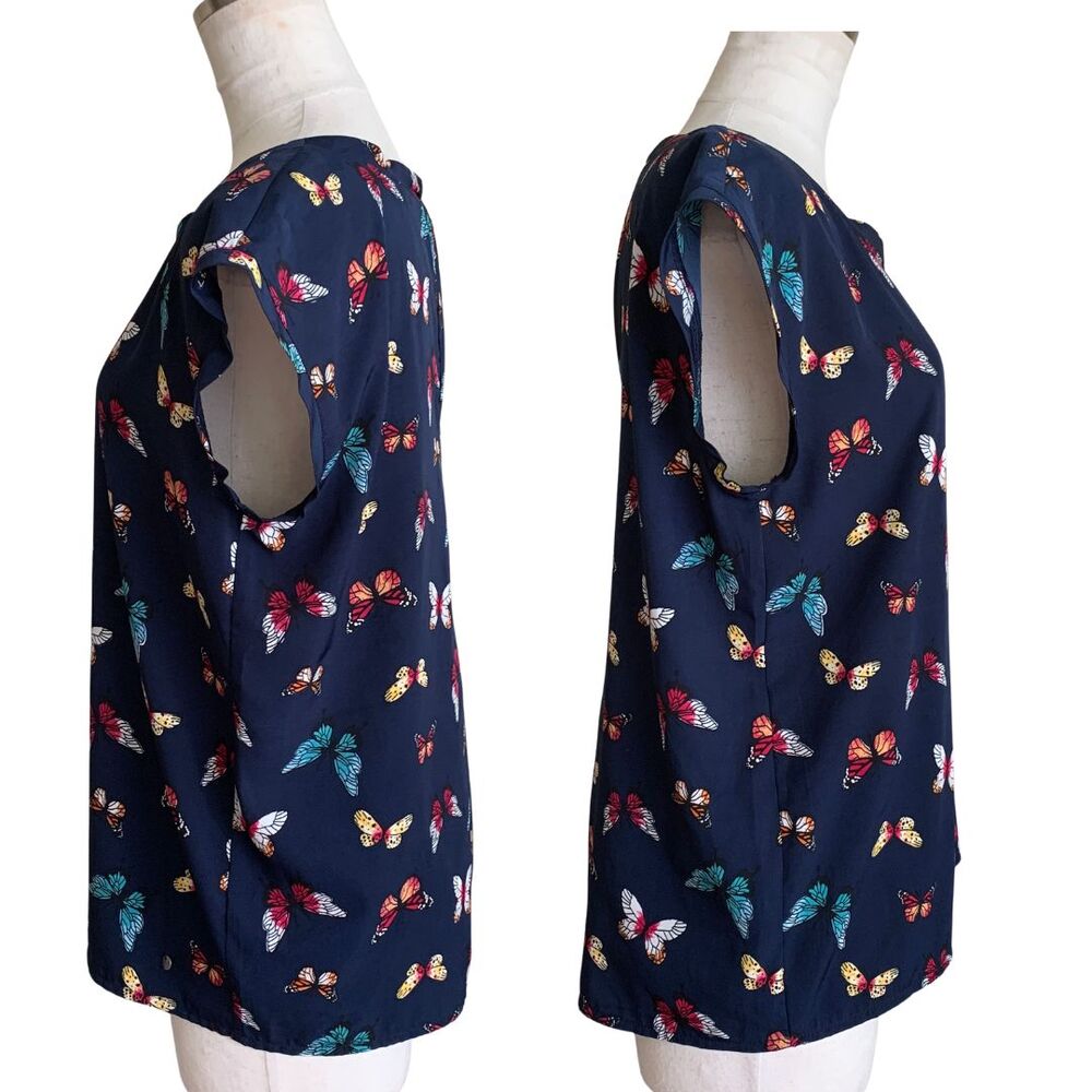 Abercrombie & Fitch Butterfly Print Blouse Size M Navy Short Sleeve Keyhole Back - Picture 7 of 11